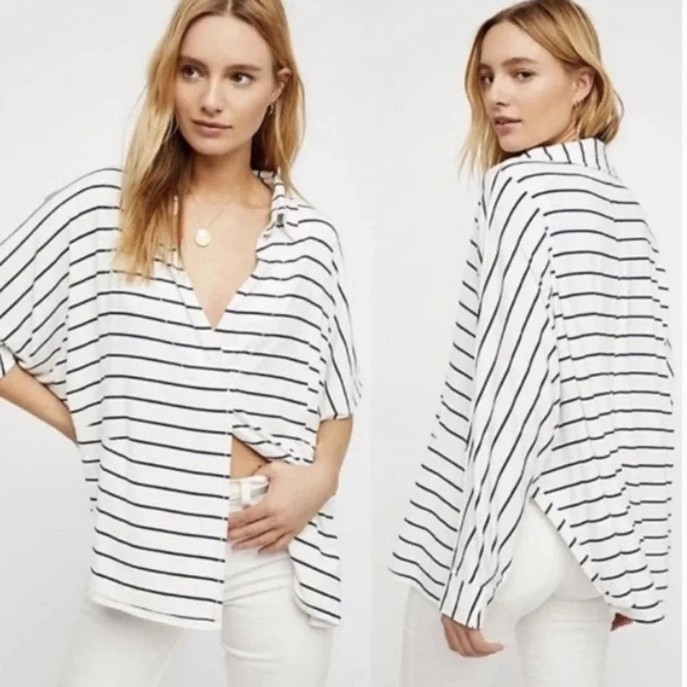 We‎ The Free Can't Fool Me Oversized Top Sz M Ivory Black Striped Dolman Sleeves